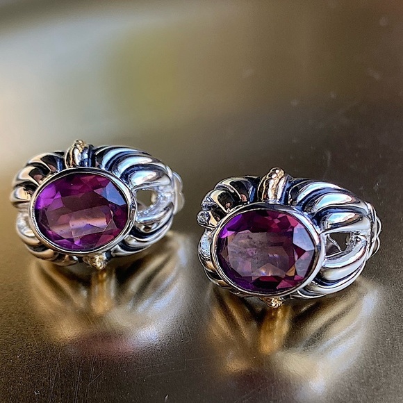 Amethyst color crystal with gold and silver tone clip on earrings - Picture 1 of 13